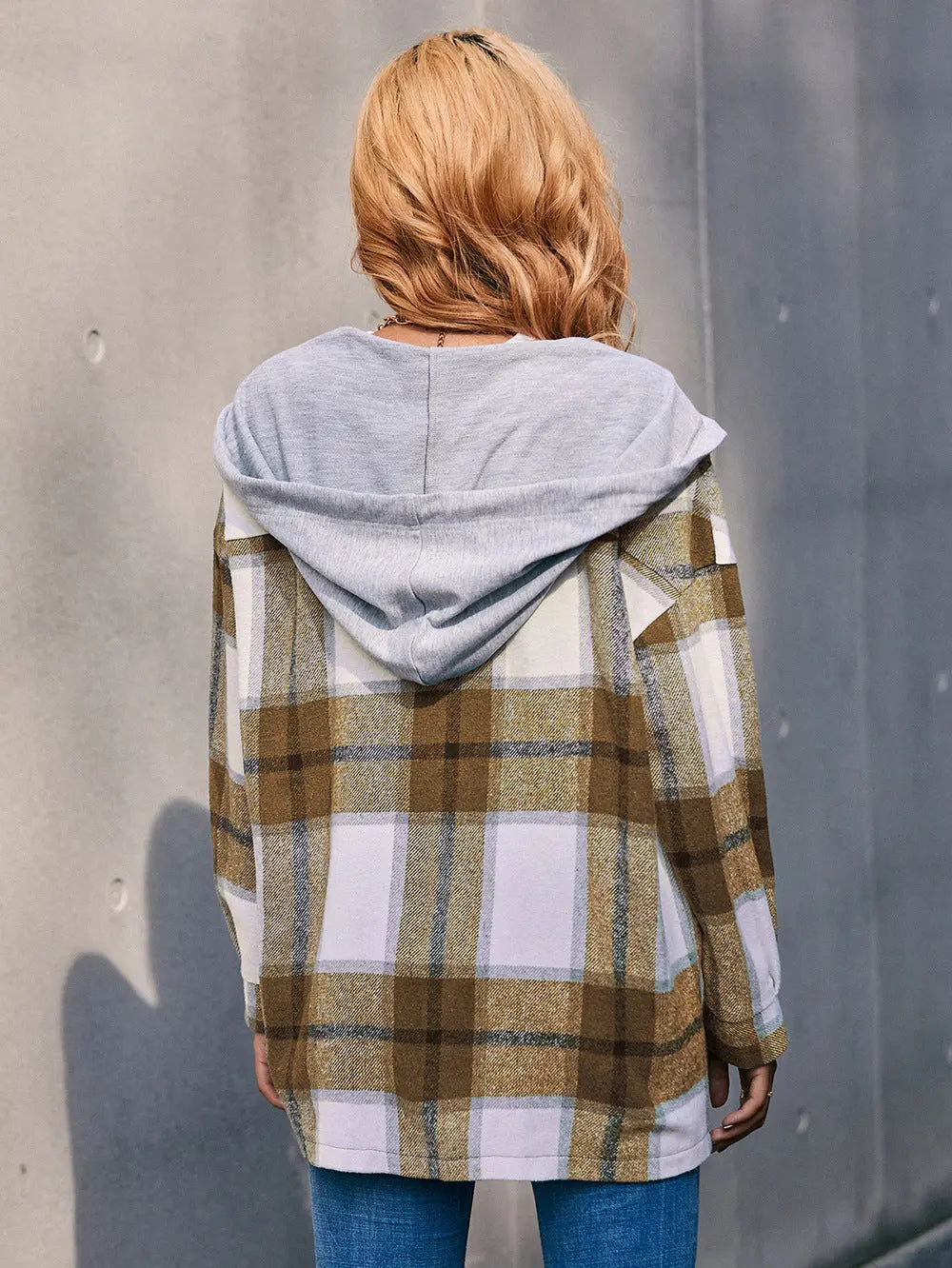 Plaid Dropped Shoulder Hooded Jacket