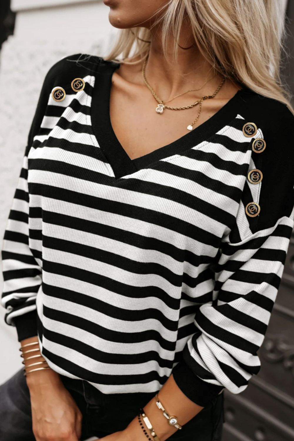 WestCloset Striped Lace Detail V Neck Top
