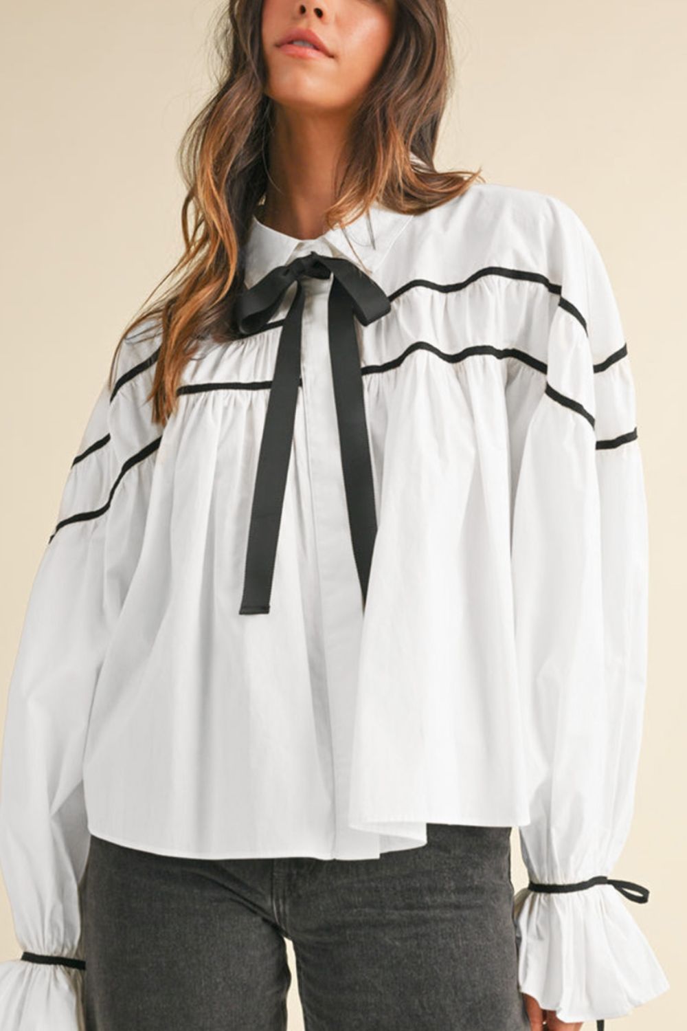 WestCloset Ribbon Bowtie Collared Neck Flounce Sleeve Shirt
