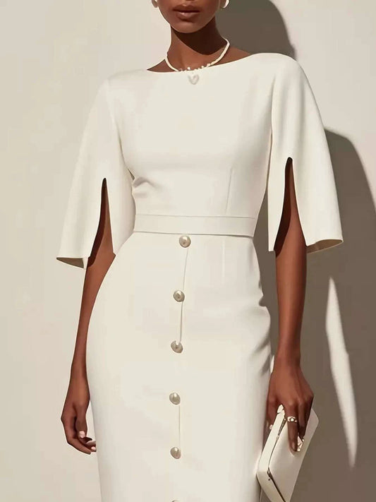 Slit Sleeve Midi Dress with Decorative Button WESTCLOSET