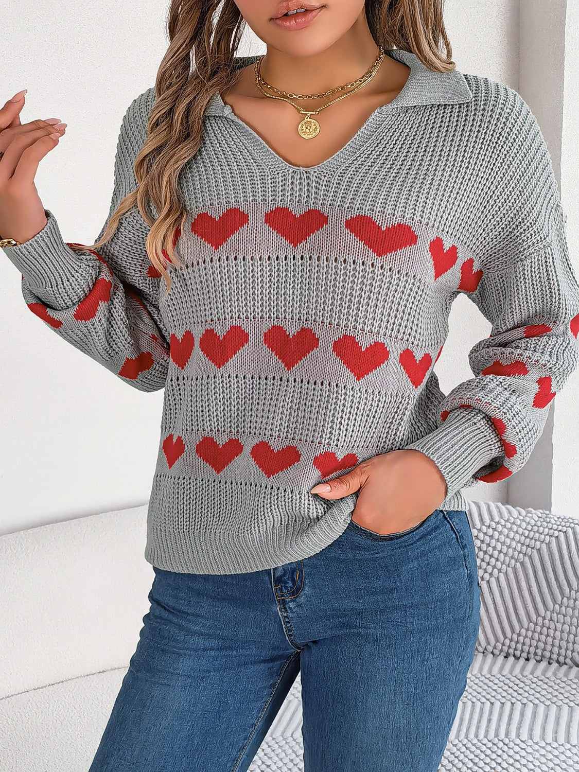 WestCloset Heart Johnny Collar Long Sleeve Sweater