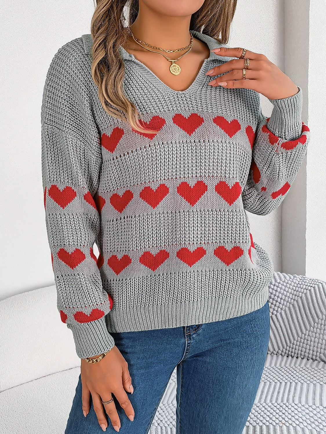 WestCloset Heart Johnny Collar Long Sleeve Sweater
