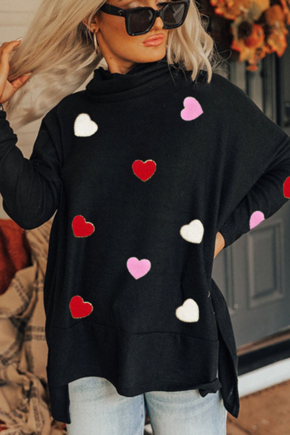 WestCloset Valentine’s Day Heart Patched Turtleneck Long Sleeve Top