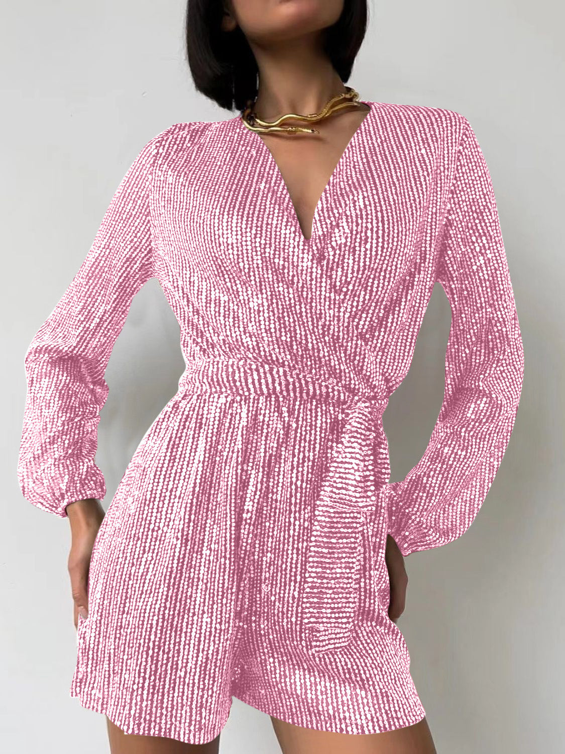 WestCloset Full Size Sequin Surplice Tie Waist Long Sleeve Romper
