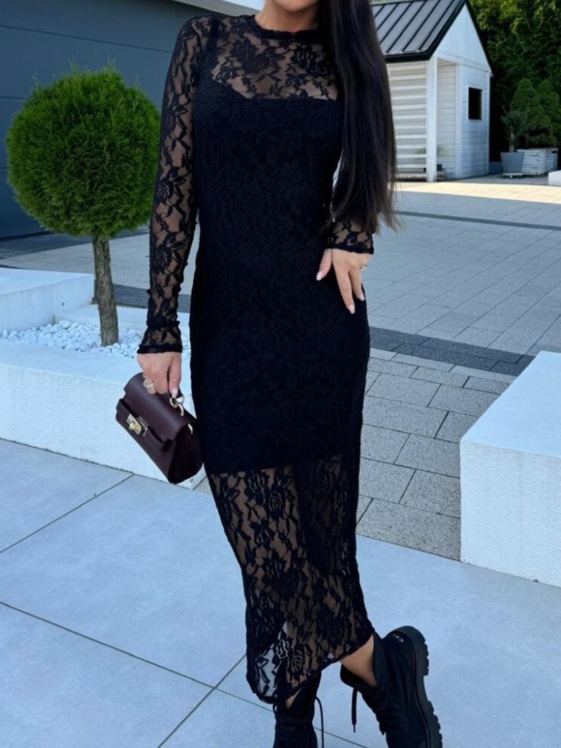 WestCloset Lace Round Neck Long Sleeve Midi Dress