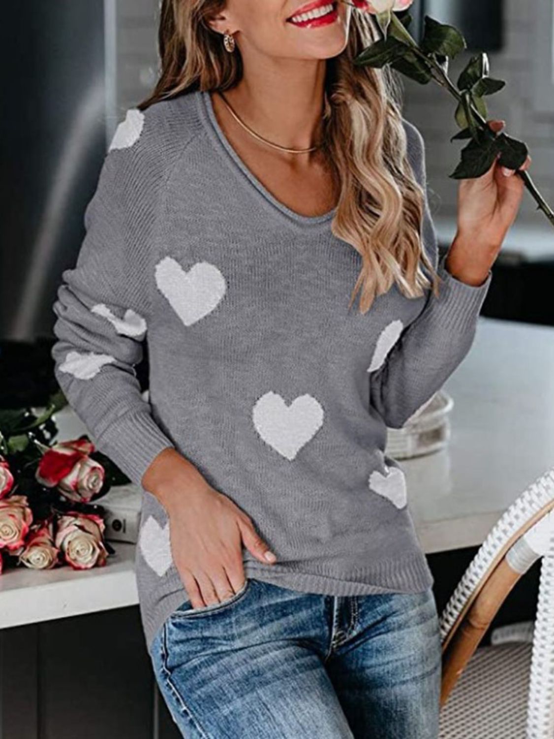 WestCloset Heart Scoop Neck Long Sleeve Sweater