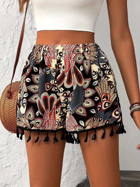Paisley Print Tassel Hem Shorts WESTCLOSET