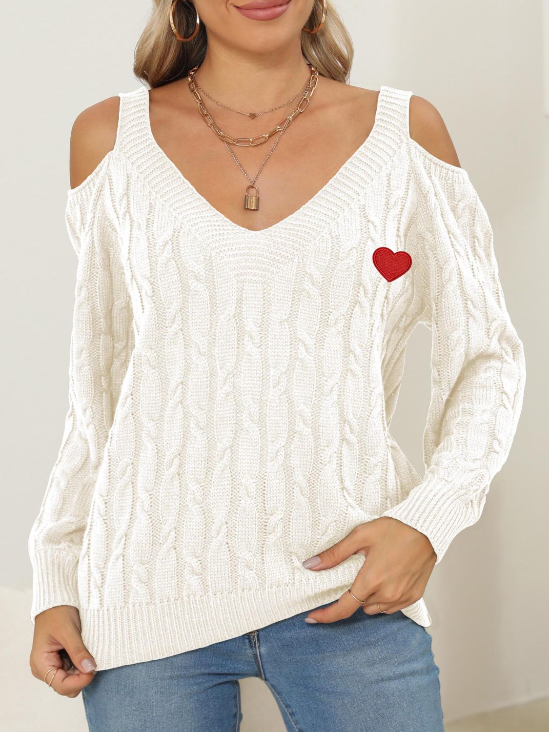 WestCloset Cable-Knit Heart V-Neck Sweater