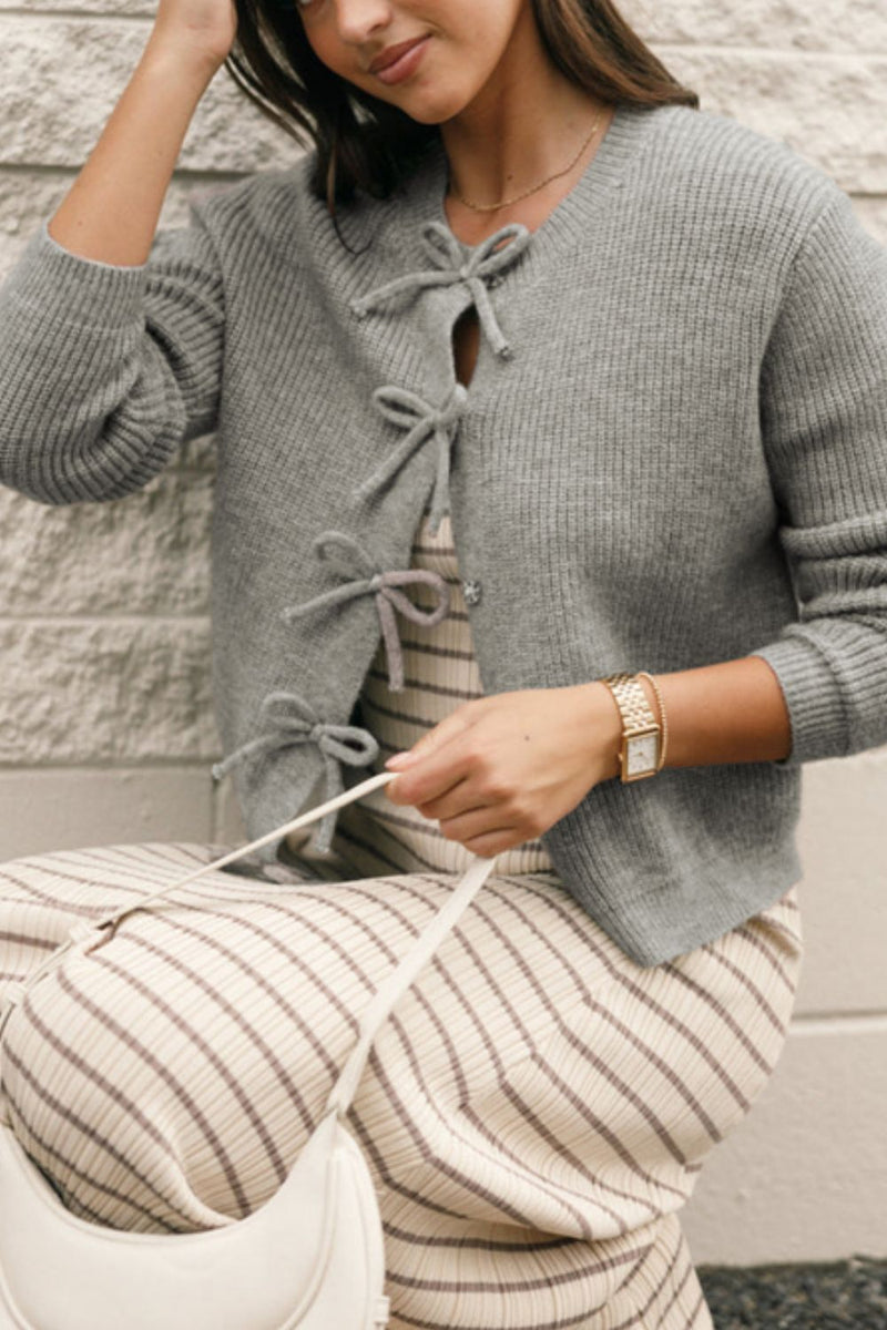 WestCloset Bow Round Neck Long Sleeve Cardigan