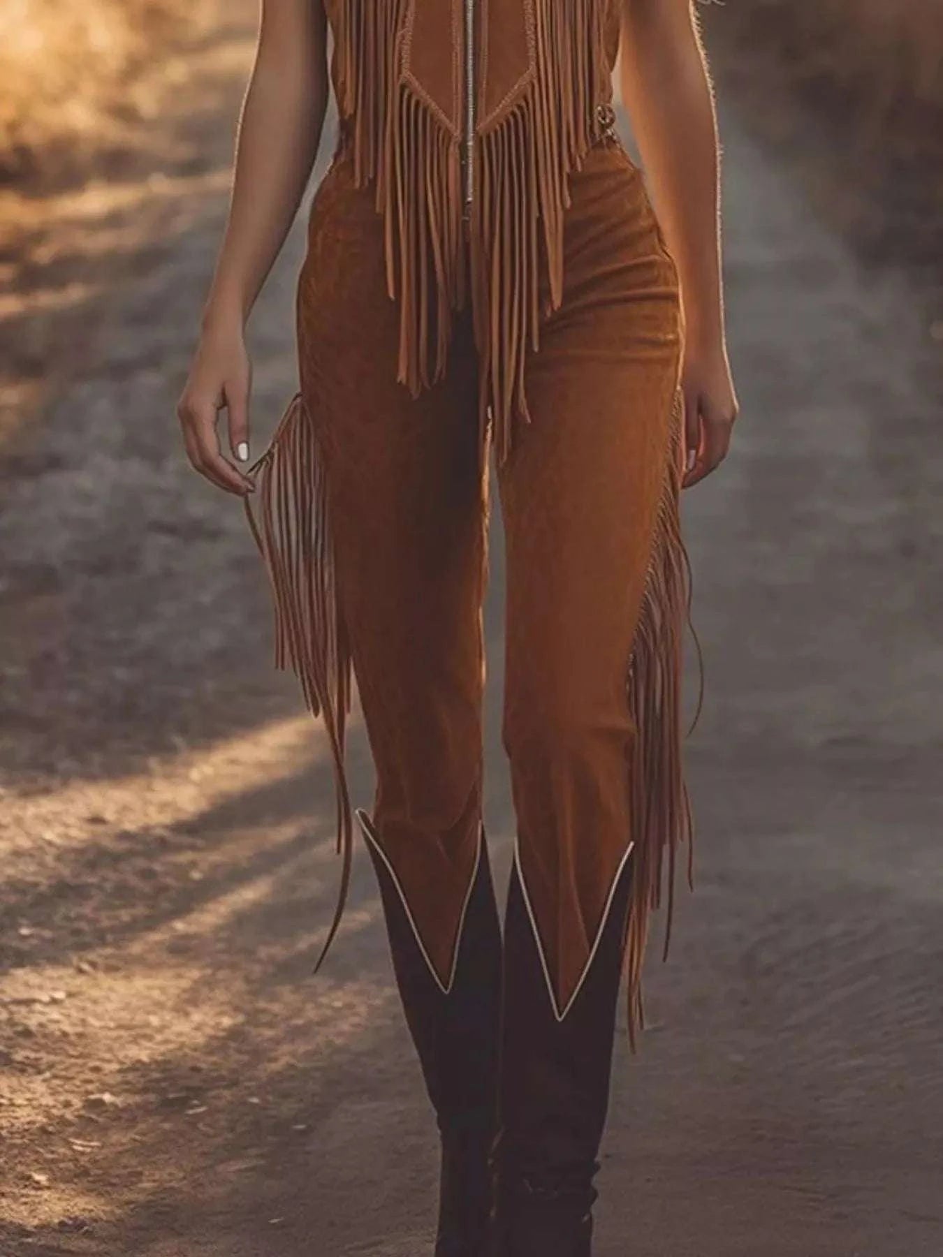 Western Style Fringe Zip Front Jumpsuit WESTCLOSET