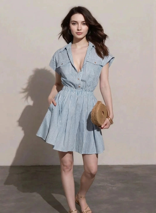 Half button striped mini shirt dress for women by WestCloset