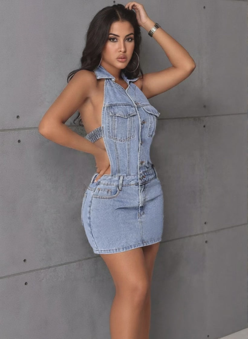 denim backless dress Forever 21 Women's Sexy Front Button Mini 2% Spandex Corbin Denim Halter Neck Mini