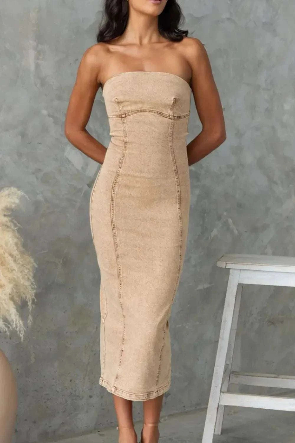 Washed Slit Back Tube Denim Dress WESTCLOSET