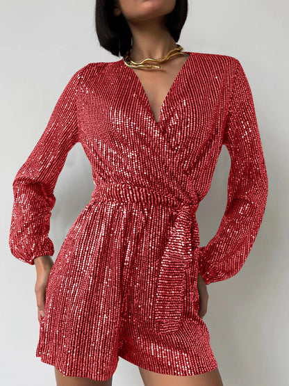 WestCloset Full Size Sequin Surplice Tie Waist Long Sleeve Romper 