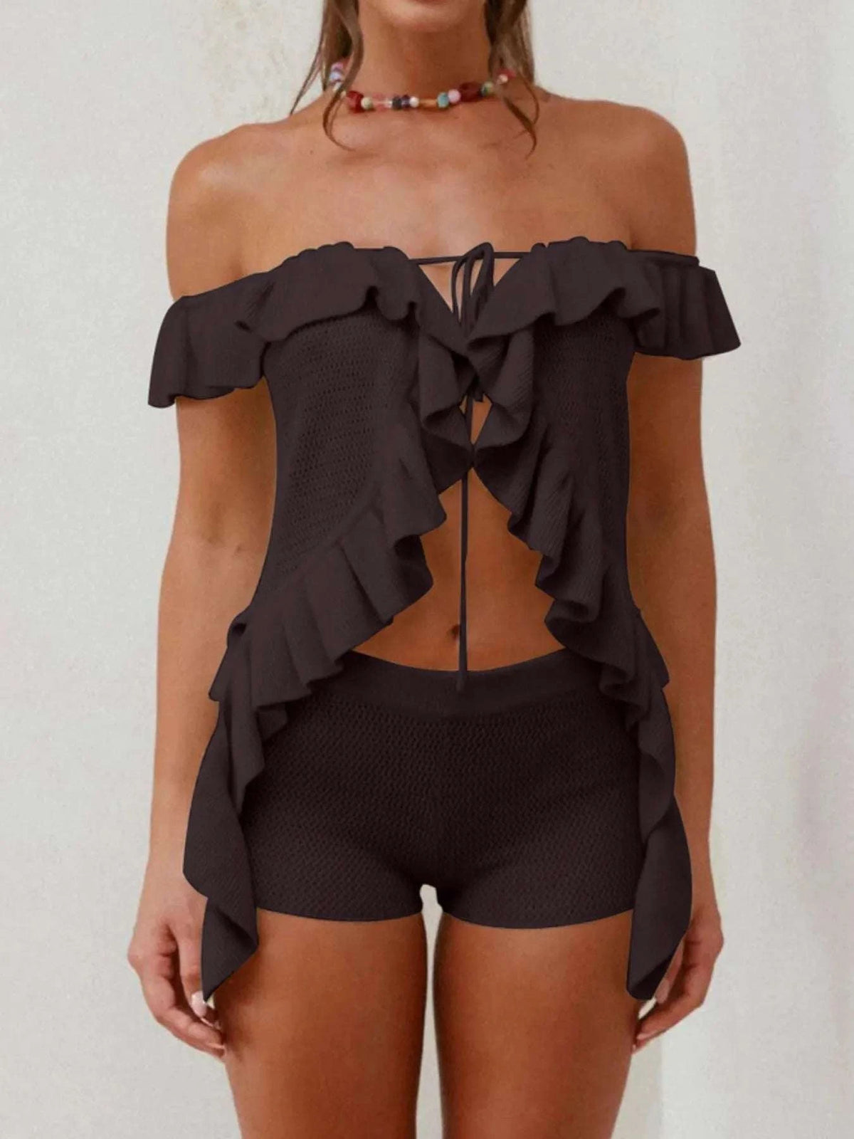 Off-Shoulder Ruffle Top and Shorts Sweater Set WESTCLOSET