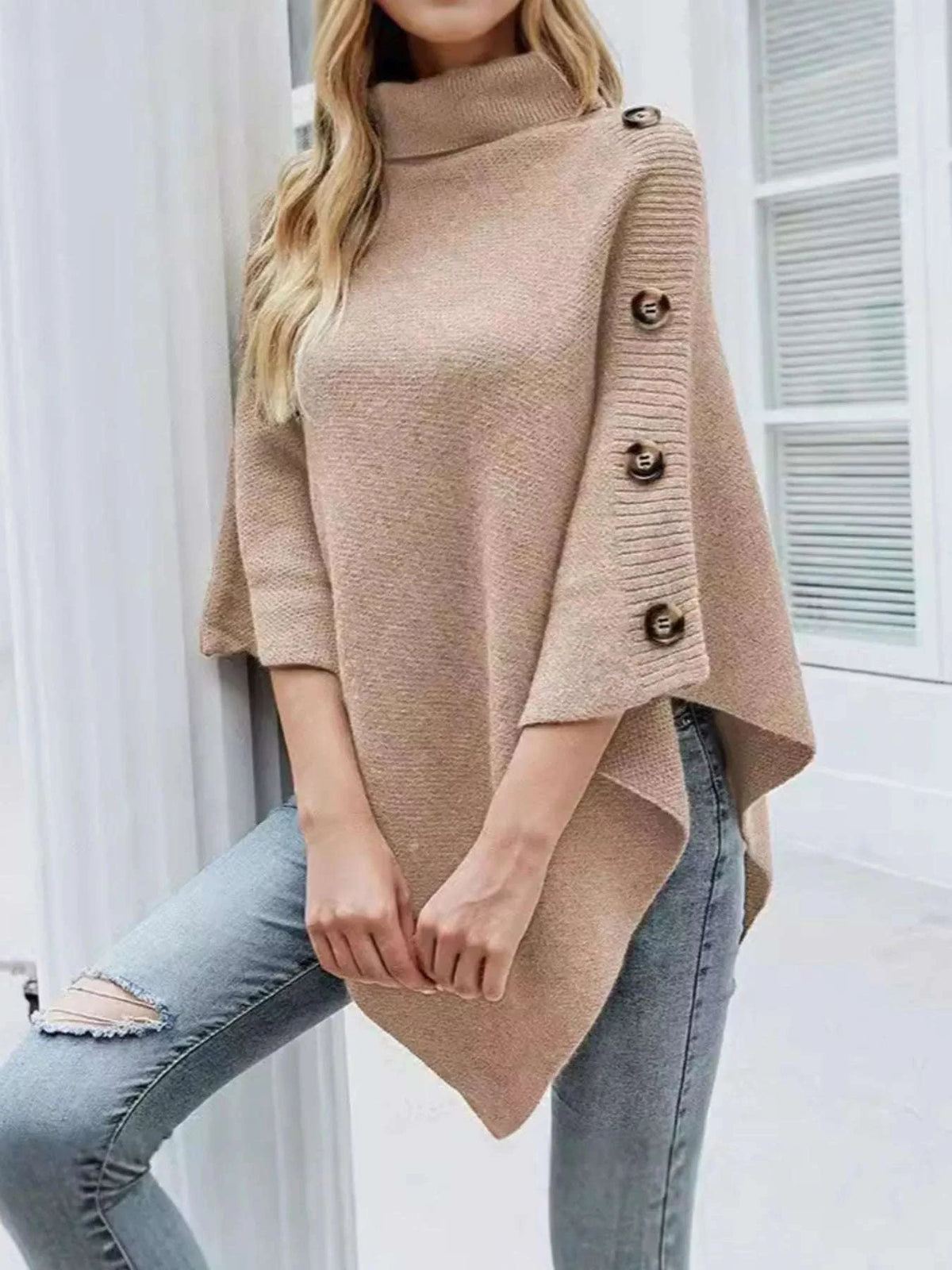 Button-Decor Turtleneck Poncho Pullover WESTCLOSET