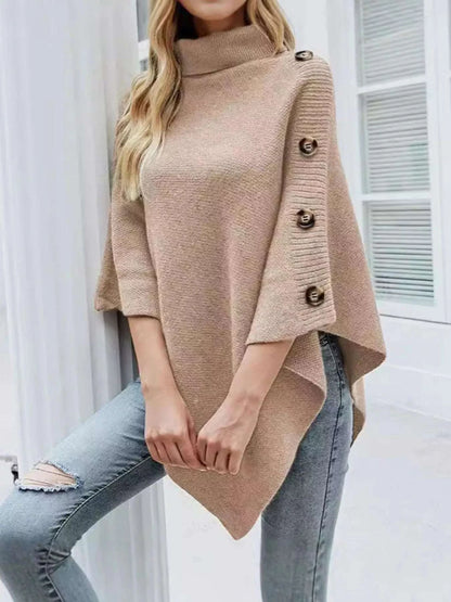 Button-Decor Turtleneck Poncho Pullover WESTCLOSET