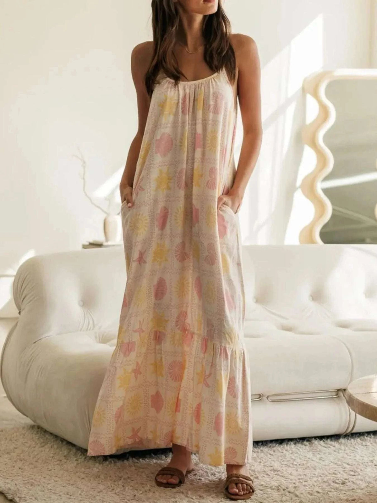 Printed Maxi Lounge Dress with Ruffled Hem WESTCLOSET