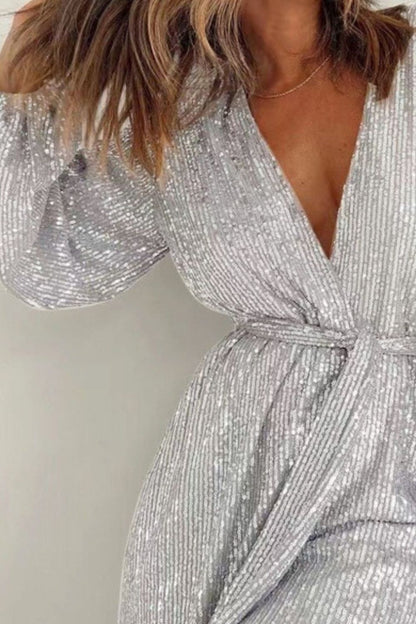 WestCloset Full Size Sequin Surplice Tie Waist Long Sleeve Romper 