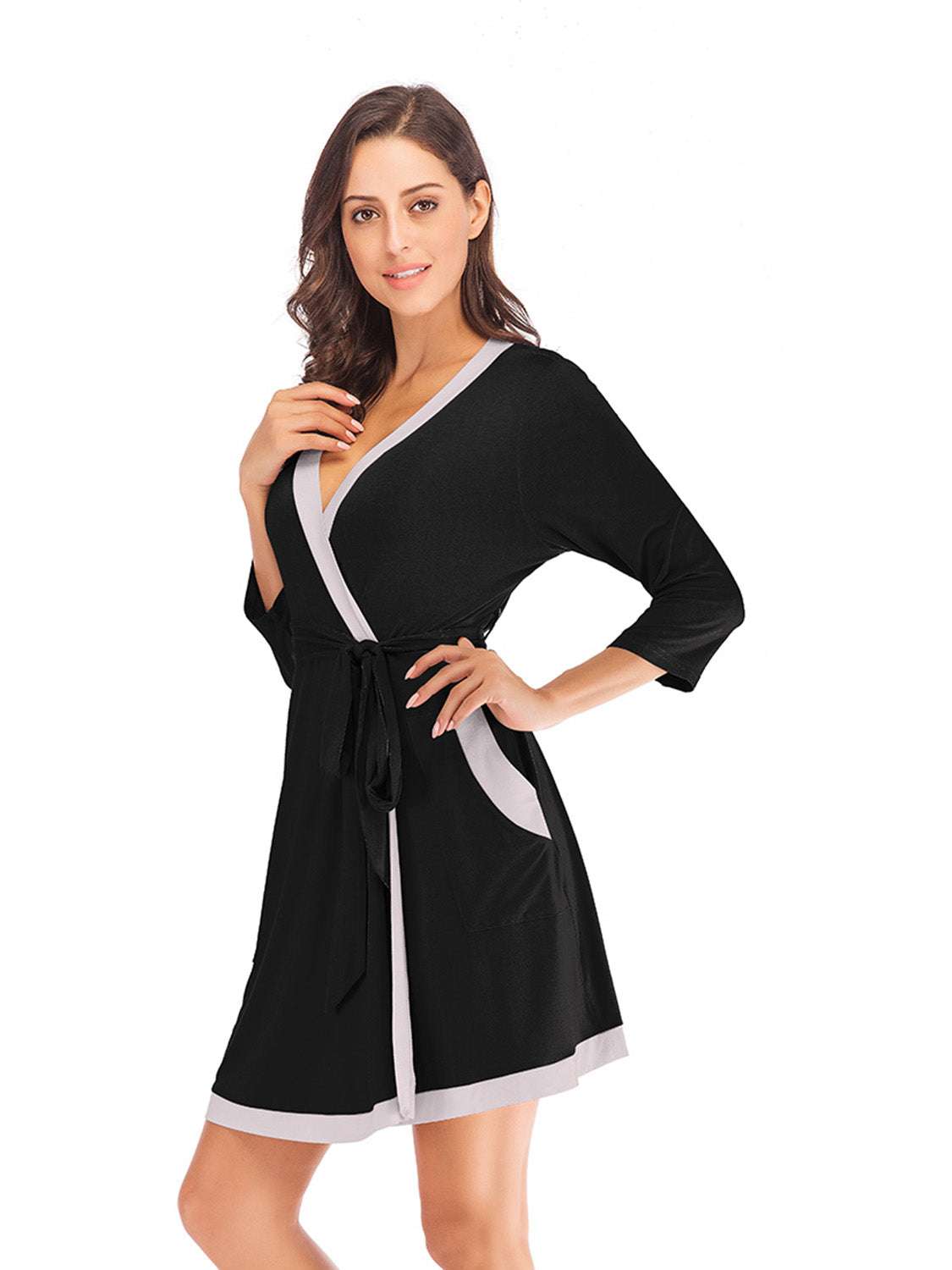 Tie Waist Surplice Neck Robe with Pockets WESTCLOSET
