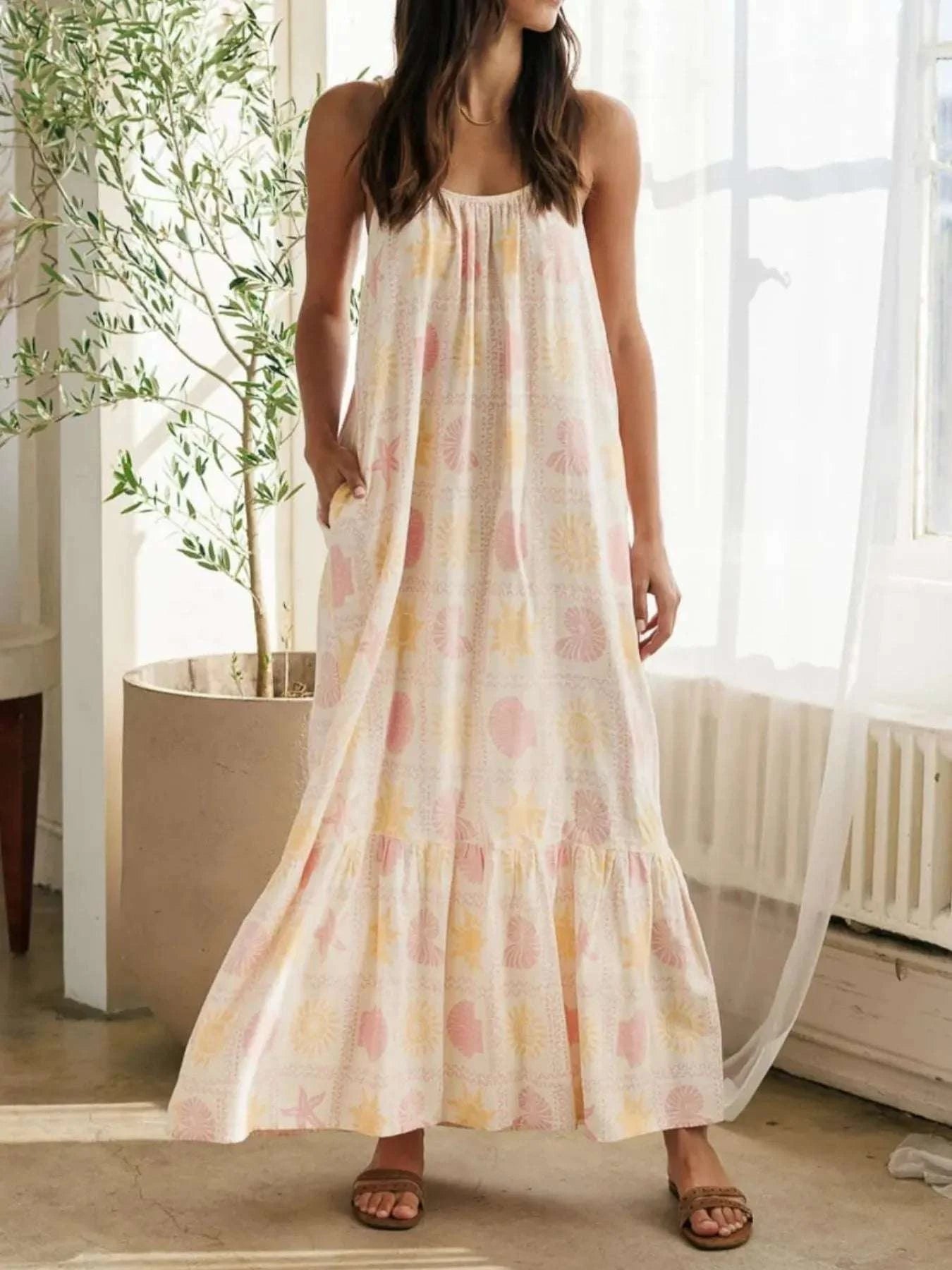 Printed Maxi Lounge Dress with Ruffled Hem WESTCLOSET