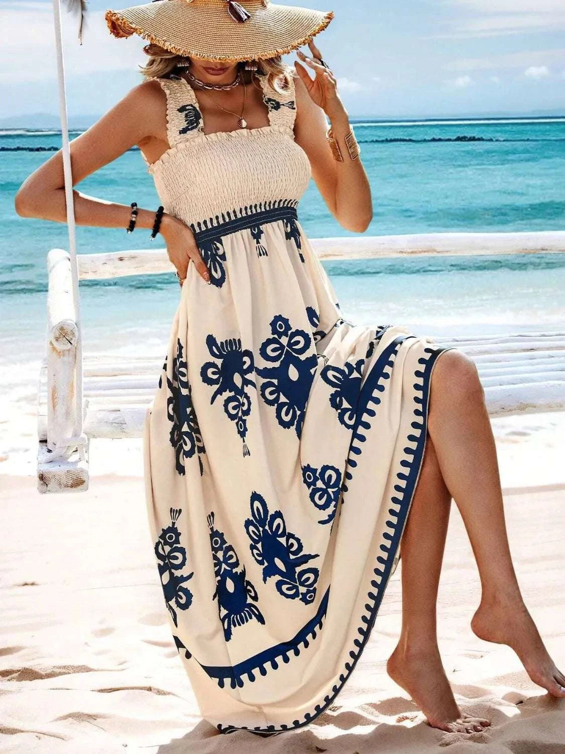 Smocked Printed Wide Strap Maxi Dress WESTCLOSET
