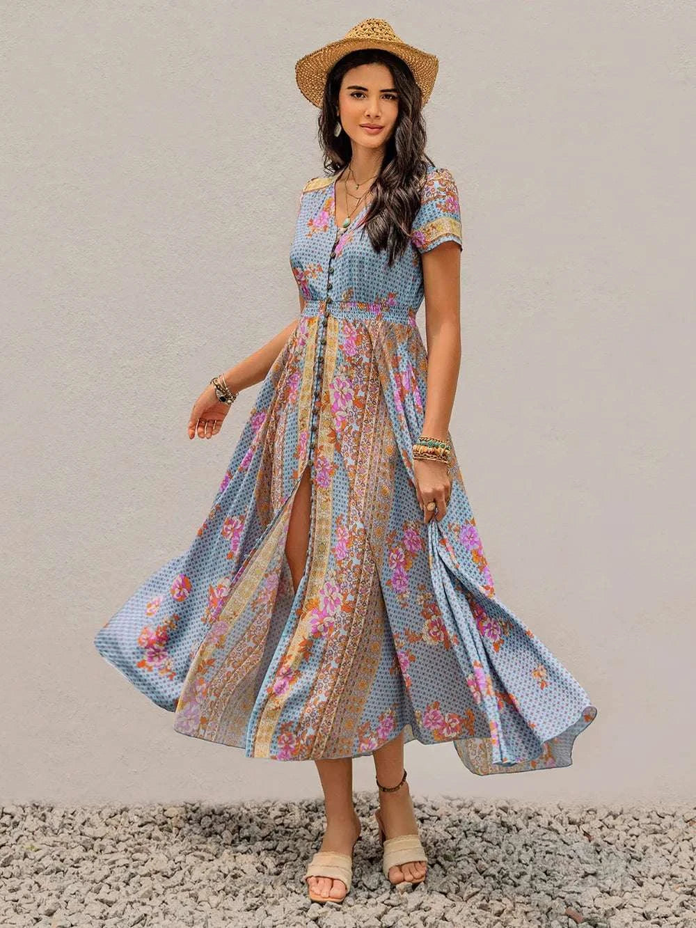 Smocked Floral V-Neck Short Sleeve Midi Dress WESTCLOSET