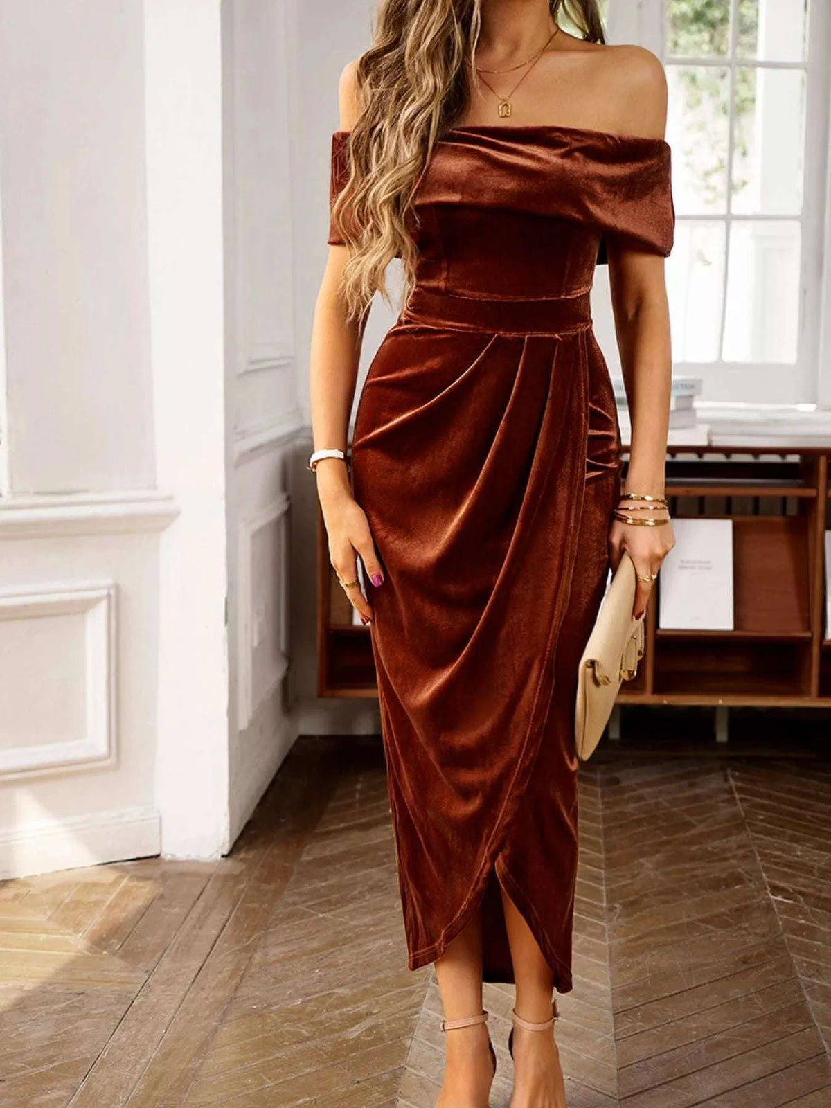 Velvet Off-Shoulder Ruched Midi Dress WESTCLOSET
