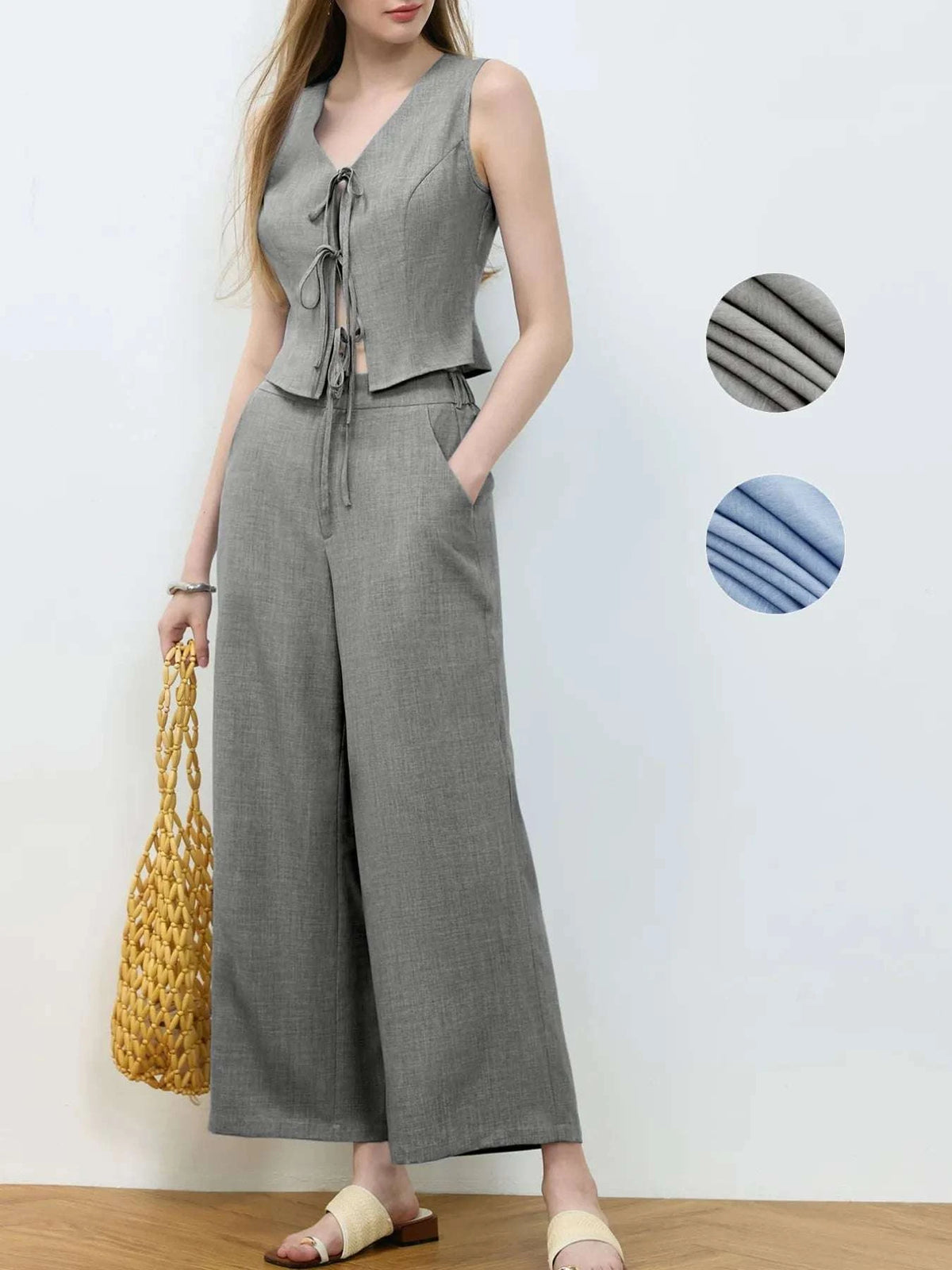 Tie Front Vest and Wide Leg Pants Set WESTCLOSET