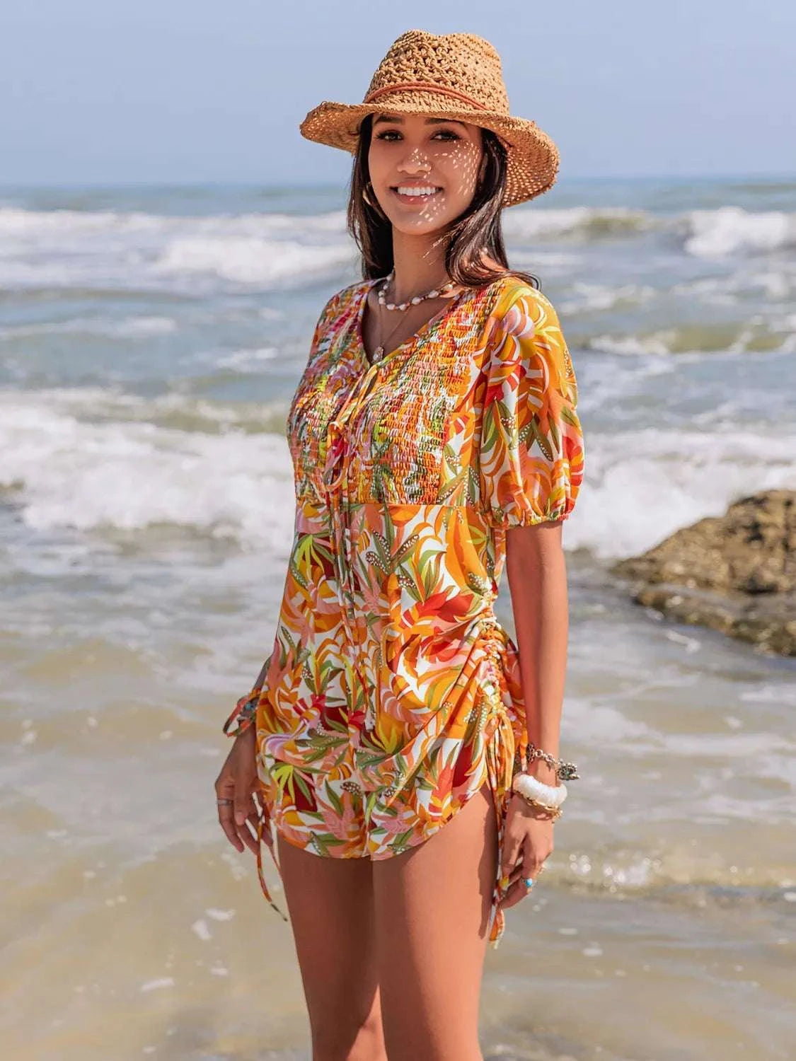Smocked Printed Tie Neck Romper WESTCLOSET