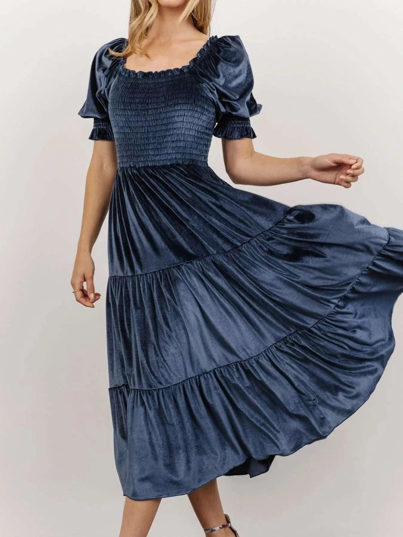Velvet Smocked Tiered Midi Dress WESTCLOSET