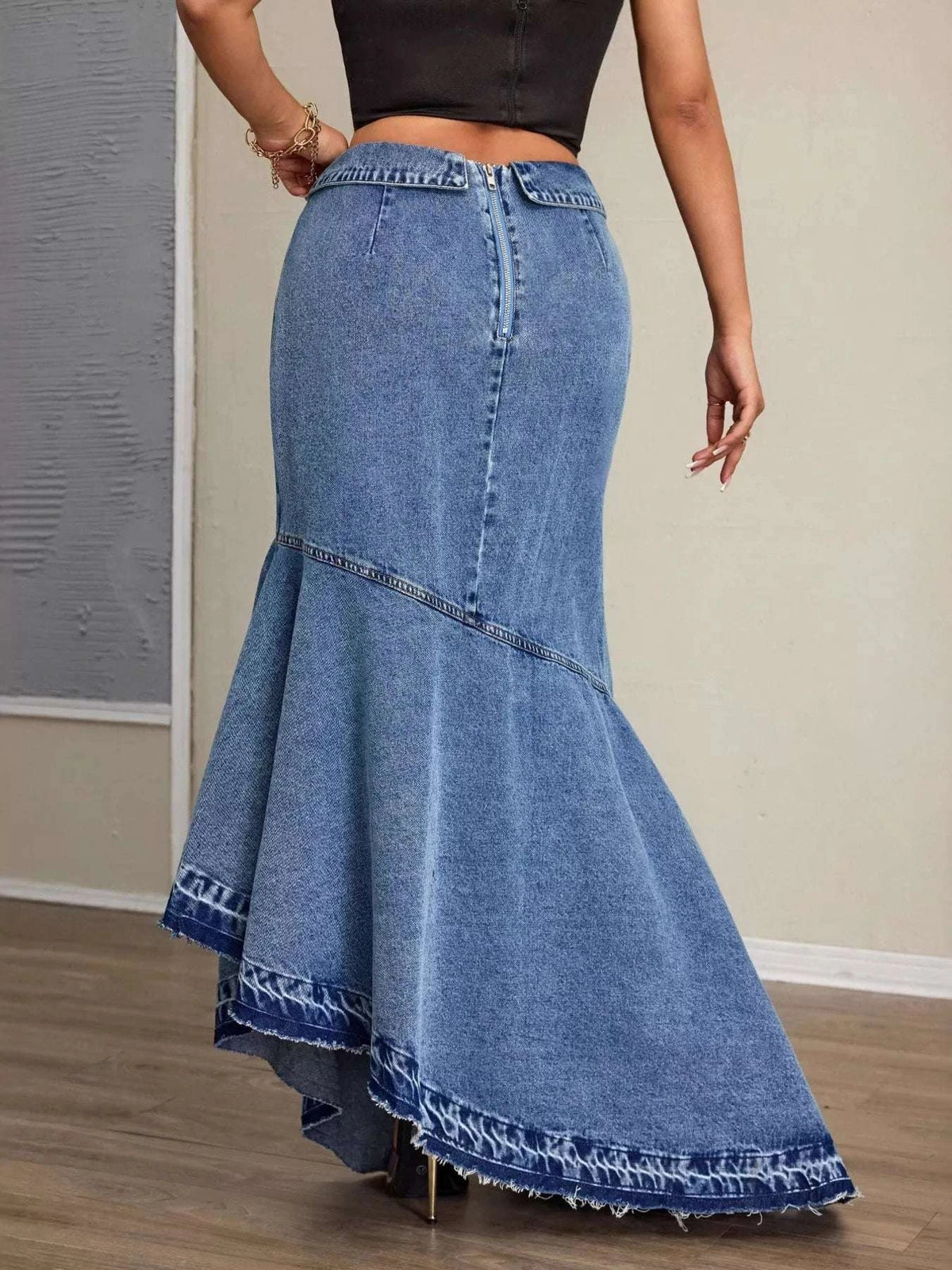 High-Waist Asymmetrical Slit Denim Maxi Mermaid Skirt WESTCLOSET