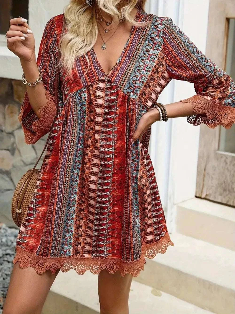 Lace Trim Printed V-Neck 3/4 Sleeve Dress WESTCLOSET