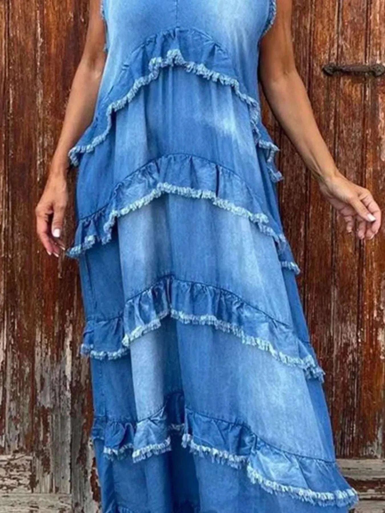 Raw Hem Layered Denim Maxi Dress WESTCLOSET