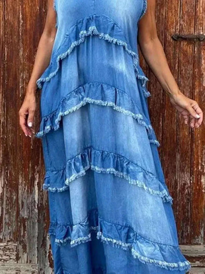 Raw Hem Layered Denim Maxi Dress WESTCLOSET