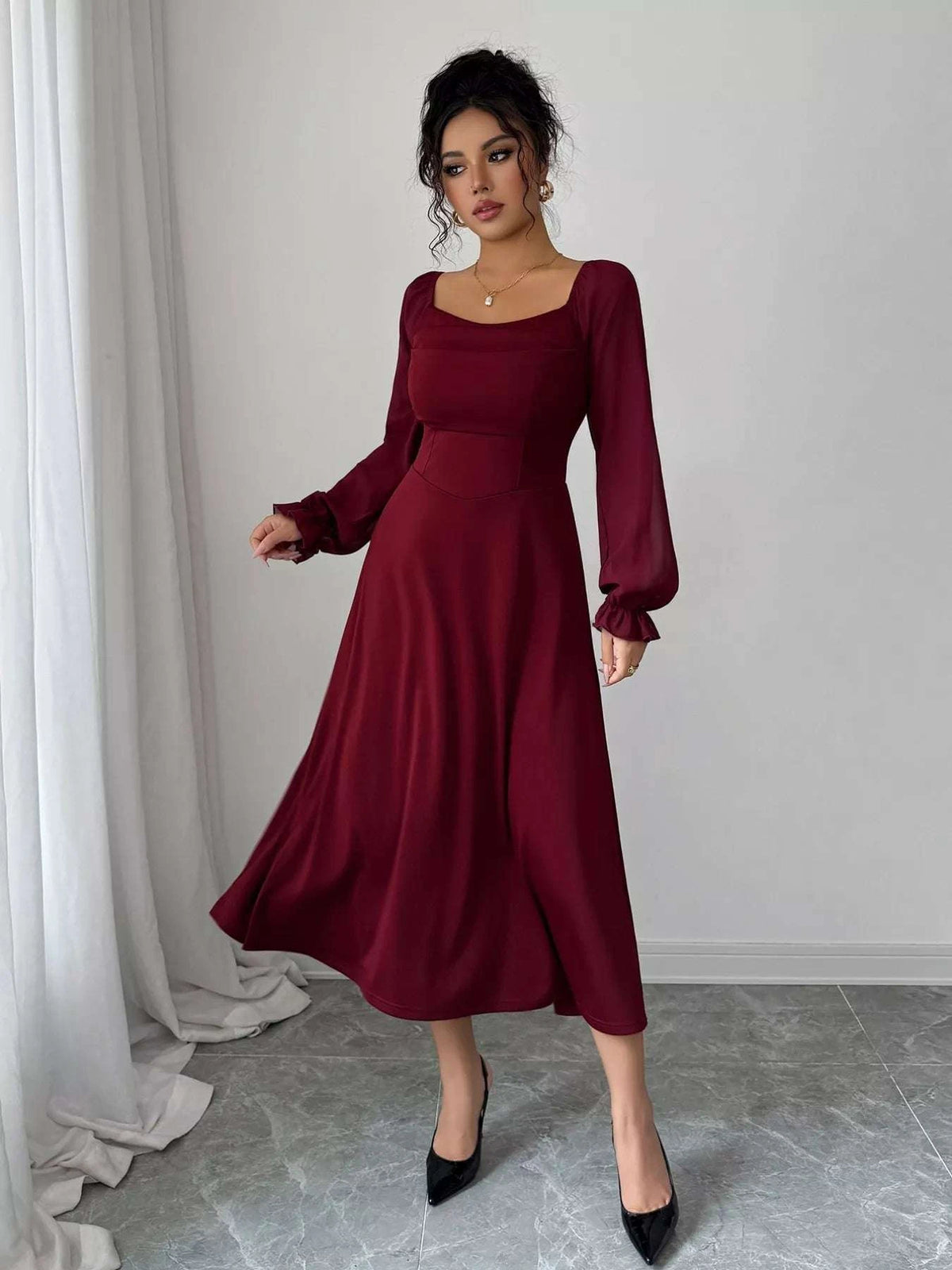 Flounce Sleeve A-Line Midi Dress WESTCLOSET