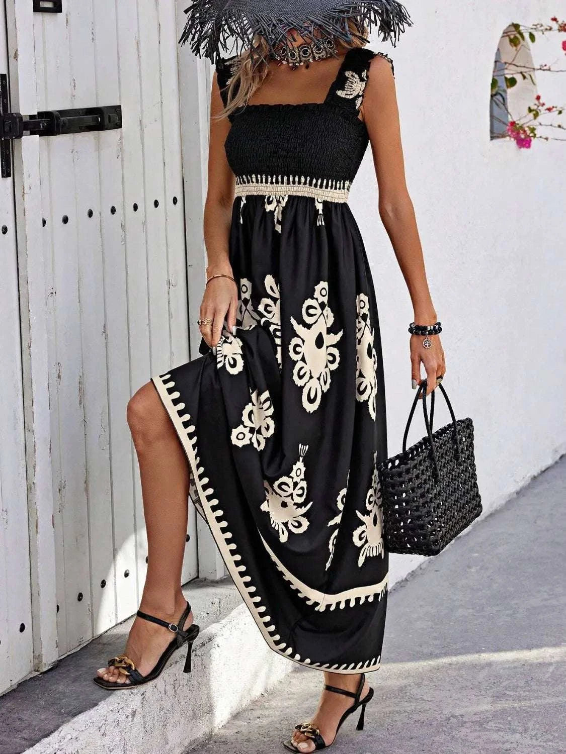 Smocked Printed Wide Strap Maxi Dress WESTCLOSET