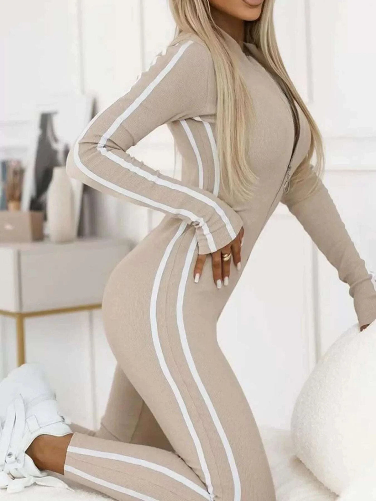Full Size Stripe Zip-Front Long Sleeve Jumpsuit Plus Size WESTCLOSET