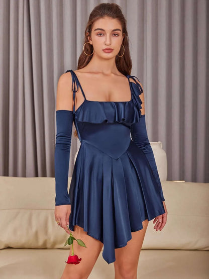 Asymmetrical Ruffle Hem Tie Shoulder Mini Dress WESTCLOSET