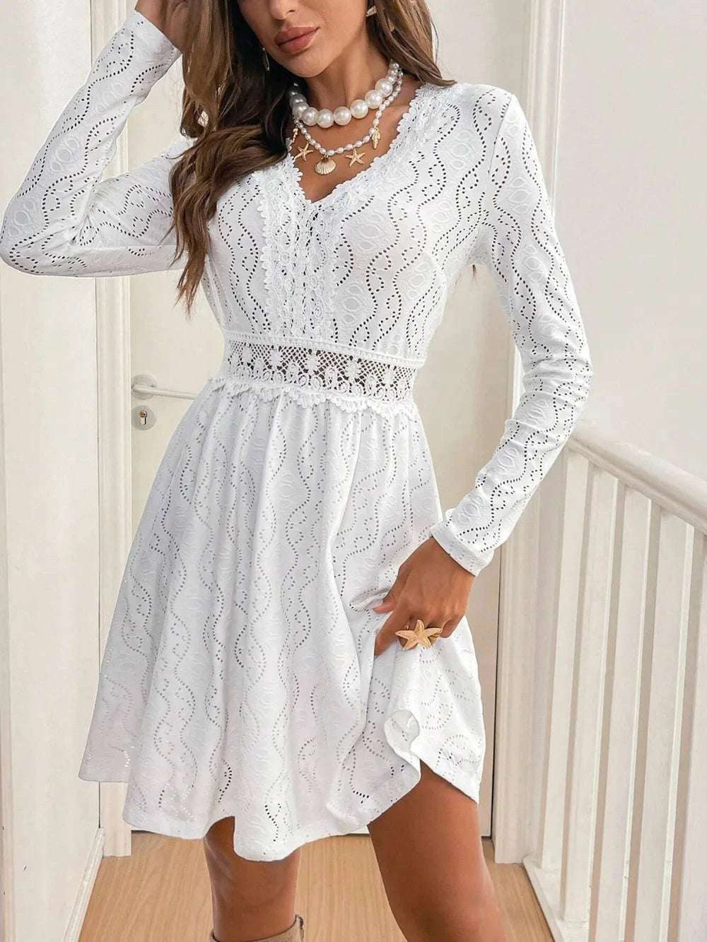 Lace Detail V Neck Long Sleeve Mini Dress WESTCLOSET