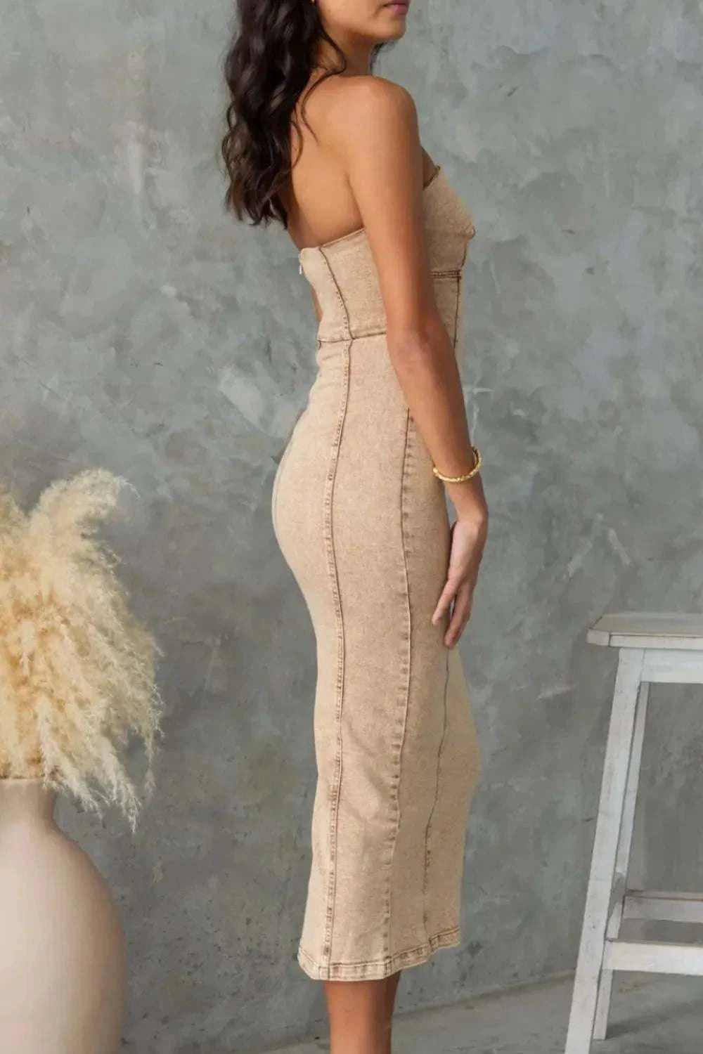 Washed Slit Back Tube Denim Dress WESTCLOSET