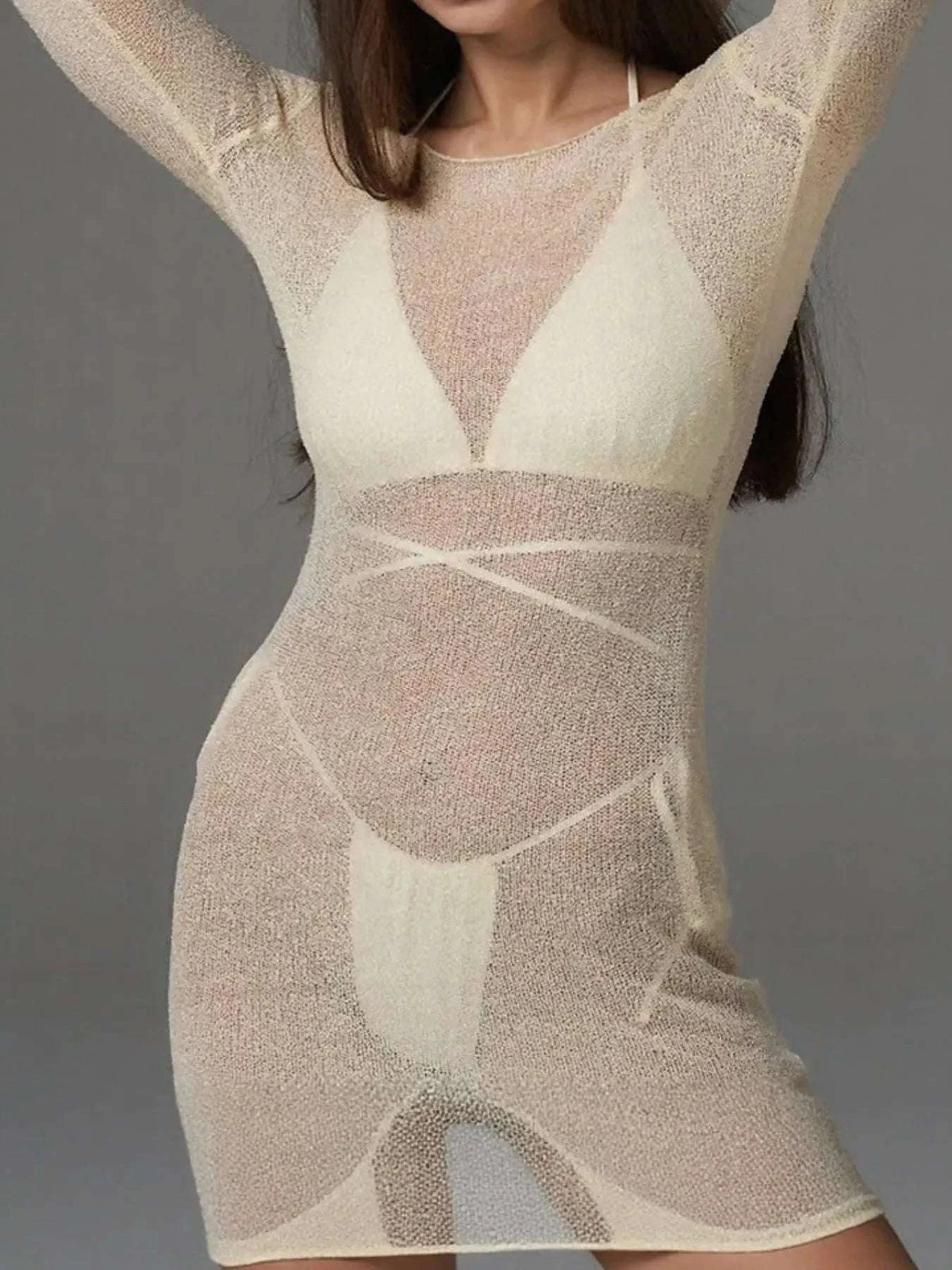 Sheer Backless Long Sleeve Mini Cover-Up Dress WESTCLOSET