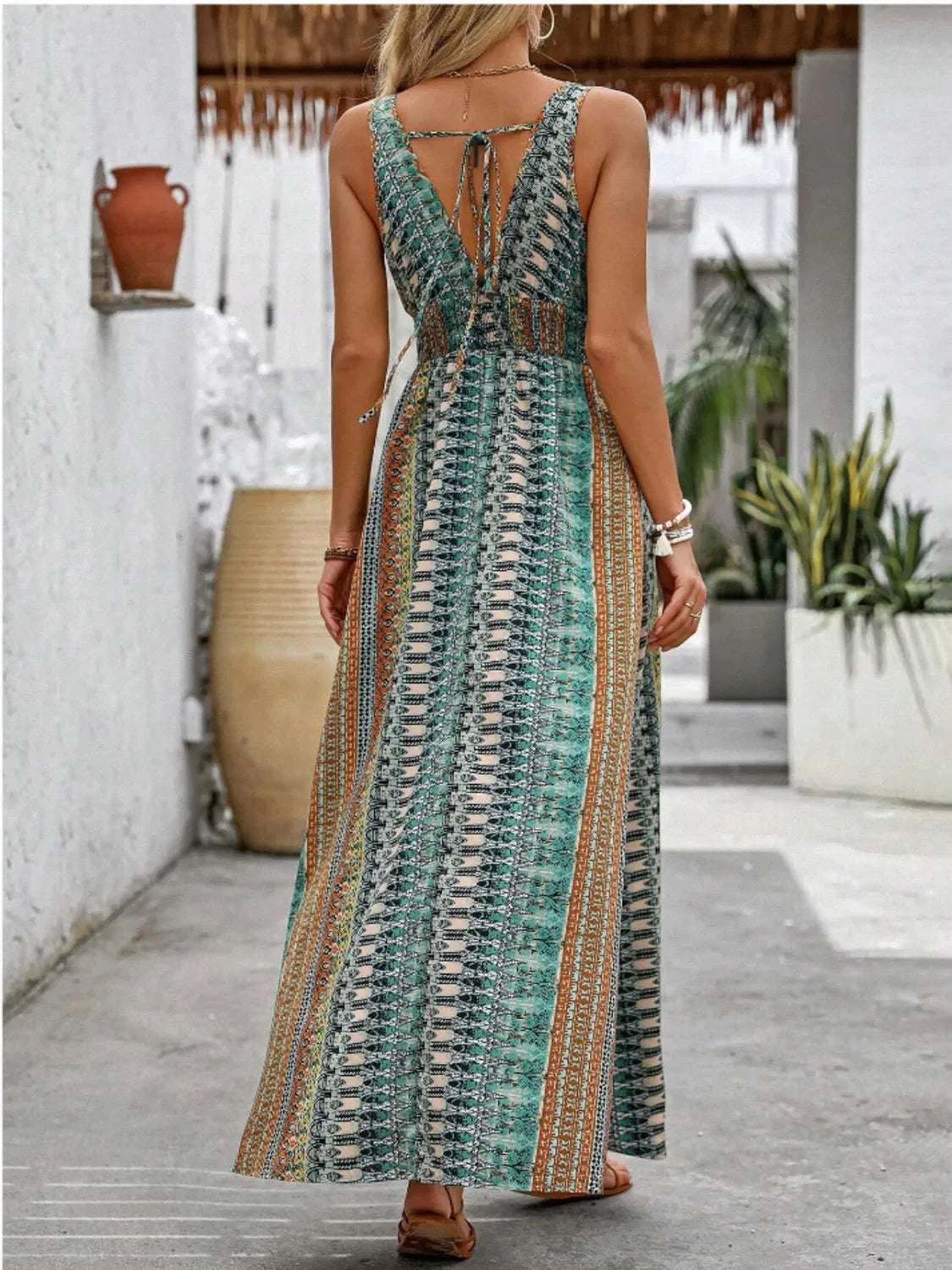 Tied Back Printed Sleeveless Maxi Slit Dress WESTCLOSET