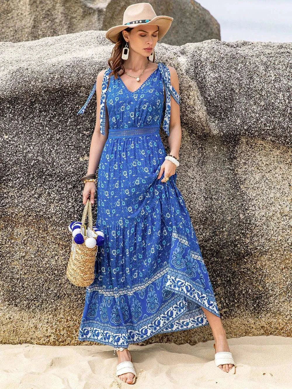 Printed V-Neck Tie Shoulder Dress WESTCLOSET