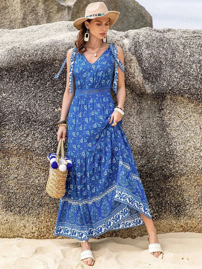 Printed V-Neck Tie Shoulder Dress WESTCLOSET