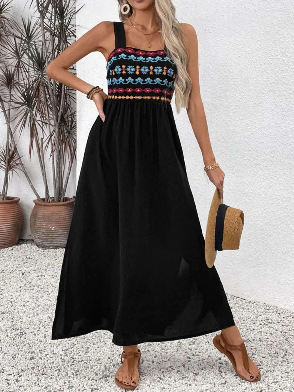 Perfee Embroidered Floral Side Slit Sleeveless Midi Dress WESTCLOSET