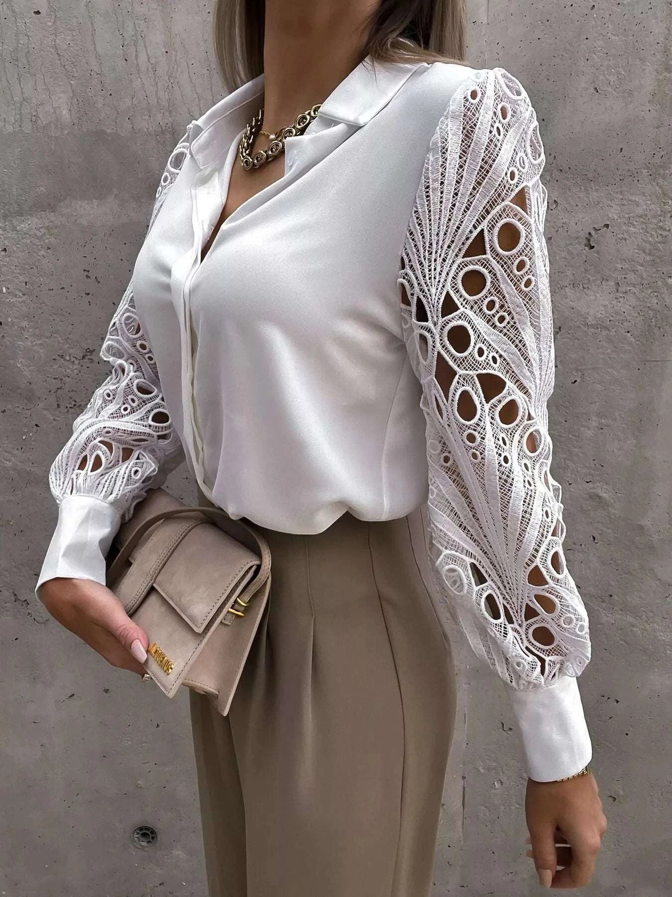 Lace Sleeve Collared Neck Blouse WESTCLOSET
