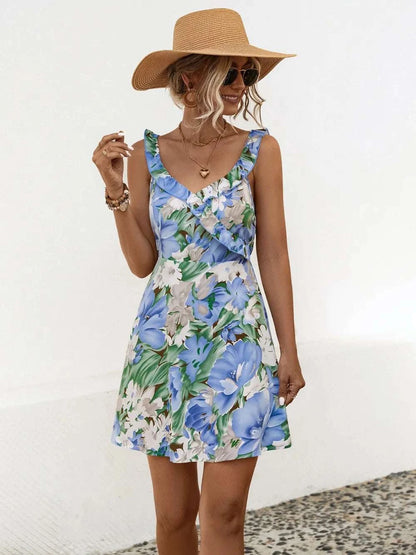 Printed Ruffled Surplice Wide Strap Mini Dress WESTCLOSET