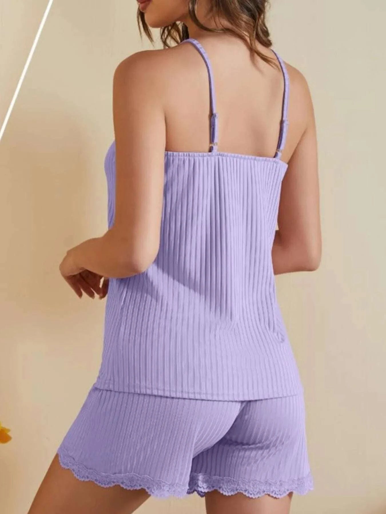 Lace-Trimmed Ribbed Cami and Shorts Lounge Set WESTCLOSET