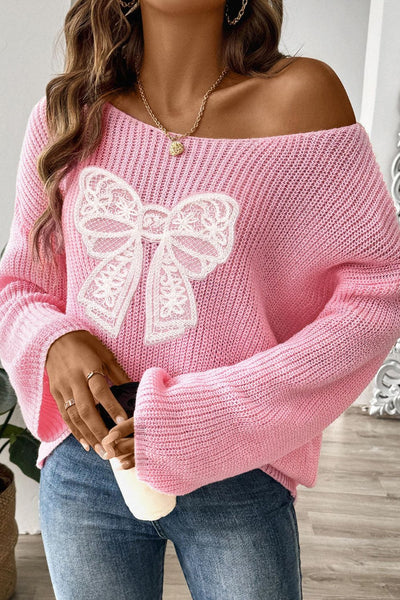 WestCloset Bow Boat Neck Long Sleeve Sweater 